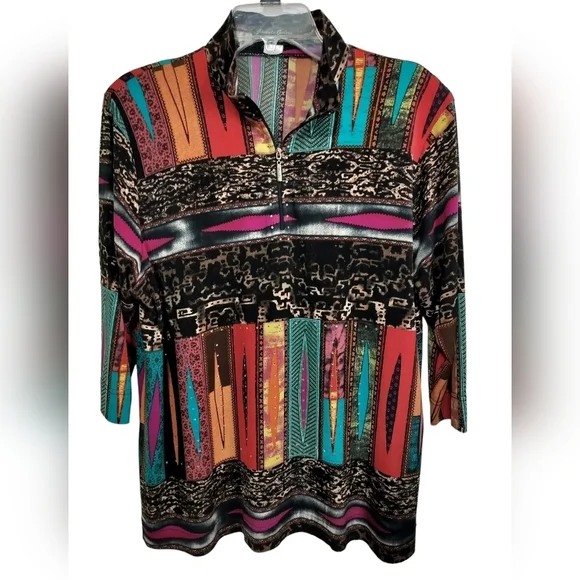 1932)Vintage Jackets Galore by John Farah Multicolor 1/4 Zip Tunic Top Size L - Picture 1 of 8